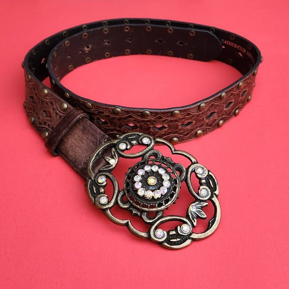 Aldo Genuine Leather Studded Belt With Beautiful Brass Buckle Size S - Picture 1 of 9